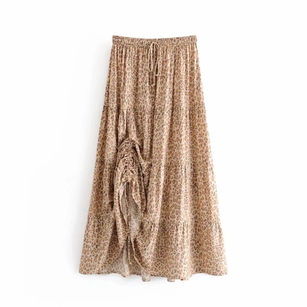 Boho Leopard Ruffle Crop Top Maxi Skirt Set Camel - Picture 3 of 5